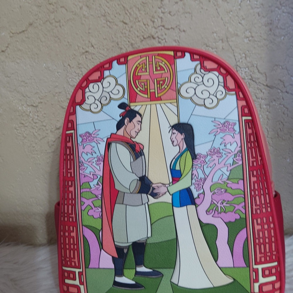 Loungefly HT Disney Mulan Stained Glass Mini Backpack NWT Pink Red